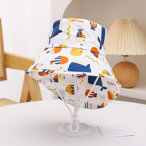 Kids wide brim sun hat with colorful cartoon whale prints and adjustable chin strap
