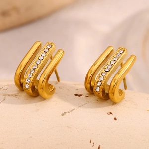18K gold plated stainless steel triple row J-hook earrings with sparkling white zircons