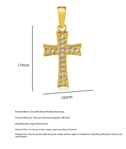 Detailed view of gold plated titanium cross pendant with zircon inlay and dimensions