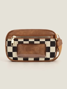 Brown leather card holder with checkerboard pocket and clear window detail
