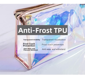 Macro detail of holographic TPU makeup bag with iridescent finish and rose gold zipper