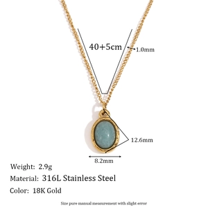 18K gold plated stainless steel necklace with oval blue stone pendant and measurements