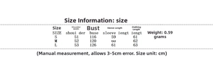 Detailed size chart for women casual padded jacket showing shoulder, bust and sleeve length