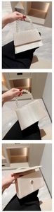 Detail view of champagne satin evening bag with elegant pearl handle and pleated flap design