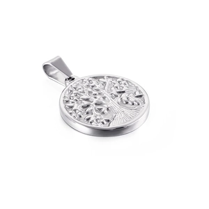 Polished stainless steel Tree of Life pendant with intricate silver relief on white background