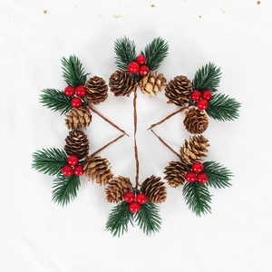 Set of 8 artificial Christmas pine needles with small pine cones and red holly berries
