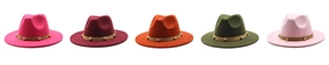 Flat lay of wide brim felt fedora hats in five colors with studded bands