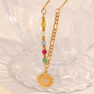 18K gold plated stainless steel sun pendant necklace with colorful natural stone beads