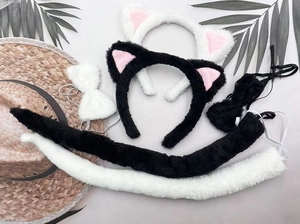 Set orecchie di gatto in peluche con papillon e coda in bianco e nero per costumi