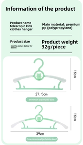 Size chart showing adjustable kids hanger dimensions from 27.5cm to 39cm wide