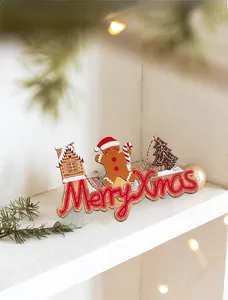Wooden Merry Xmas tabletop sign with gingerbread man and Christmas tree decoration