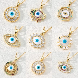 Evil Eye Pendant Necklace Copper 18K Gold Plated Cubic Zirconia Enamel Bohemian Ethnic Jewelry For Women