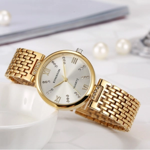 Elegant gold stainless steel women's watch with diamond markers and Roman numerals