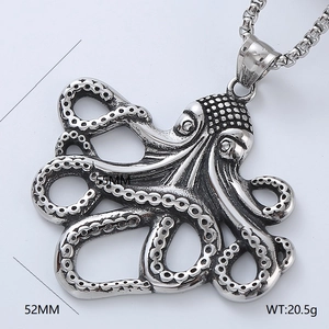 Vintage Viking octopus pendant necklace in silver stainless steel, size 55mm by 52mm