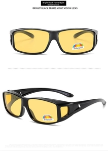 Close-up of bright black fitover sunglasses with yellow polarized night vision lenses