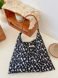 Sac fourre-tout en toile à fleurs rétro avec poignées contrastées et étiquette