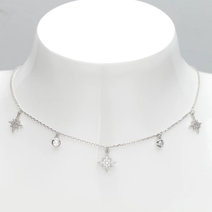 Detail view of S925 silver necklace with sparkling star charms and round zircon stones
