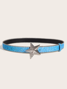 Detail of blue sequin belt with a large silver star buckle for fashion jeans