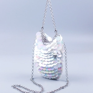 Detailed view of iridescent sequins and silver chain strap on a shimmering crossbody bag