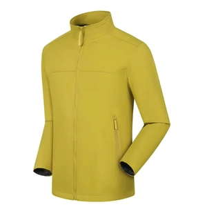 Men's mustard yellow softshell outdoor jacket with stand collar and waterproof zipper