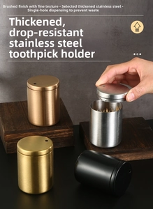 Detailed macro showing four metallic finishes and single-hole dispenser lid on toothpick holders