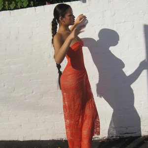 Sexy orange mesh patchwork strapless maxi dress with lace hollow out see-through detail