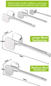 Three sizes of dual-sided meat tenderizer mallets with dimensions on white background
