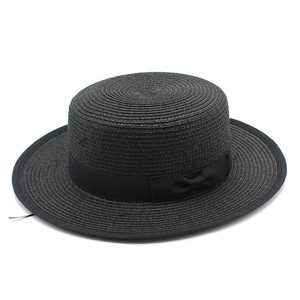 Classic black straw boater hat with ribbon bow detail and stylish flat top sun protection