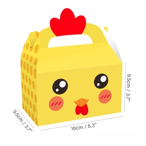 Detailed view of yellow chick party favor box with 3D comb and specific size dimensions