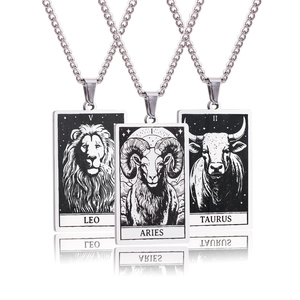 Vintage stainless steel zodiac square pendant necklaces featuring Leo, Aries, and Taurus