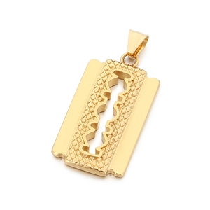 Golden stainless steel razor blade pendant necklace with textured grid pattern design