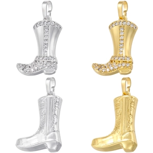 Western Cowboy Boot Pendant Necklace Copper Zircon Inlaid Vintage Engraved High Heel Shoe Charm For Women
