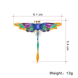 Vintage enamel dragonfly brooch in colorful gradient with blue stone and gold alloy plating