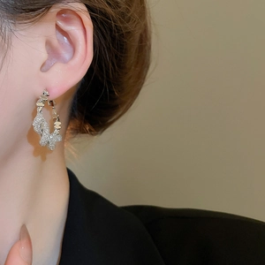 Close-up of silver mesh hoop earring with zircons worn by a model on a beige backdrop