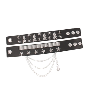 Black PU leather punk bracelet with skull studs, star rivets, and multi-layer metal chains