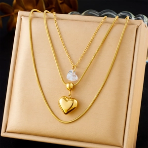 Stainless Steel Layered Heart Pendant Necklace Gold Plated Multi Layer Snake Chain Blue Crystal Jewelry For Women