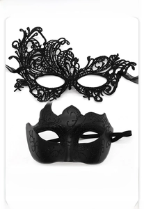 Detail view of the black phoenix lace mask and the painted polygonal masquerade mask set