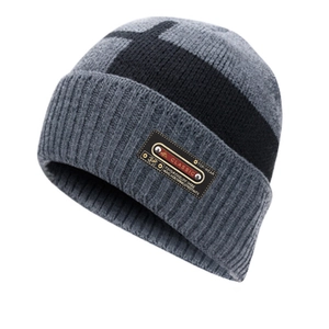 Winter knitted beanie hat and neck warmer set in grey and black fleece lining