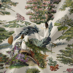 Detailed close-up of vintage botanical tapestry fabric with numbered plant illustrations