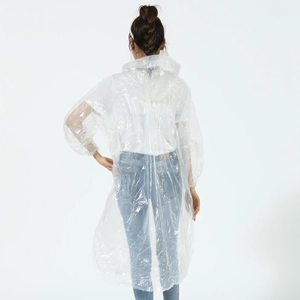 Back view of adult clear disposable raincoat with hood and elastic cuffs on white backdrop