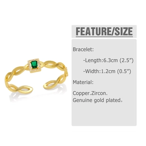 Detail view of a gold-plated geometric bracelet with green zircon and 6.3cm dimensions