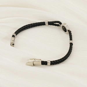 Braided black leather bracelet with stainless steel anchor charm and hexagram rings