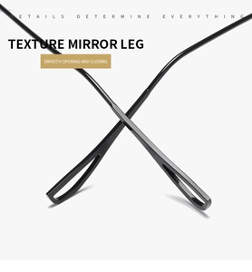 Macro detail of high-gloss black temple arms for rimless square blue light glasses