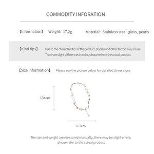 Detail view of 134cm long vintage pearl necklace with stainless steel and glass elements