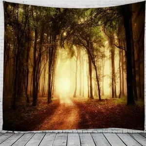 Detail showing high-definition forest path tapestry print with golden sunlight on white wall