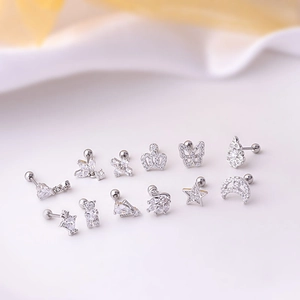 Titanium steel stud earring set featuring silver butterfly star and moon shapes with zircon