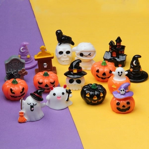 Set of Halloween miniature figurines including pumpkins, ghosts, and skulls on a purple background