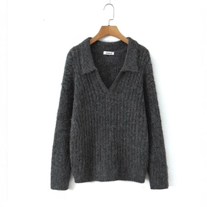 Minimalist dark gray oversized V-neck knit sweater with thick mohair texture for women