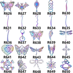 Detailed catalog of rainbow plated alloy charms in butterfly and heart shapes
