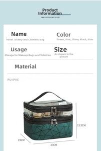 Double layer travel toiletry bag with PVC top and green PU leather base measuring 23x19x15.5cm